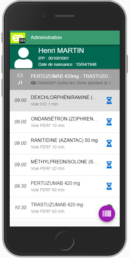 Écran d'administration Chimio 6.0 sur terminal mobile